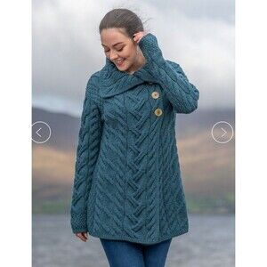 Aran Woolen Mills Super Soft Merino Wool Long Cardigan Sweater Cable Knit Blue